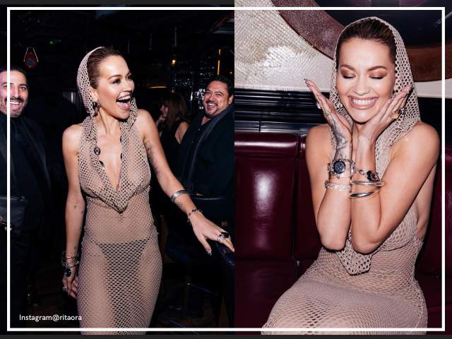 Rita Ora nude dress at a birthday party